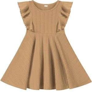 Kids Tan Dress with Ruffle Sleeves